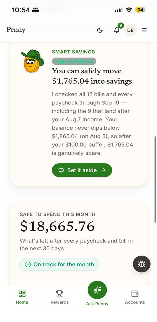 Penny’s Smart Savings card explaining how much can safely move into savings after checking every upcoming bill and paycheck, above a Safe to Spend total for the month.